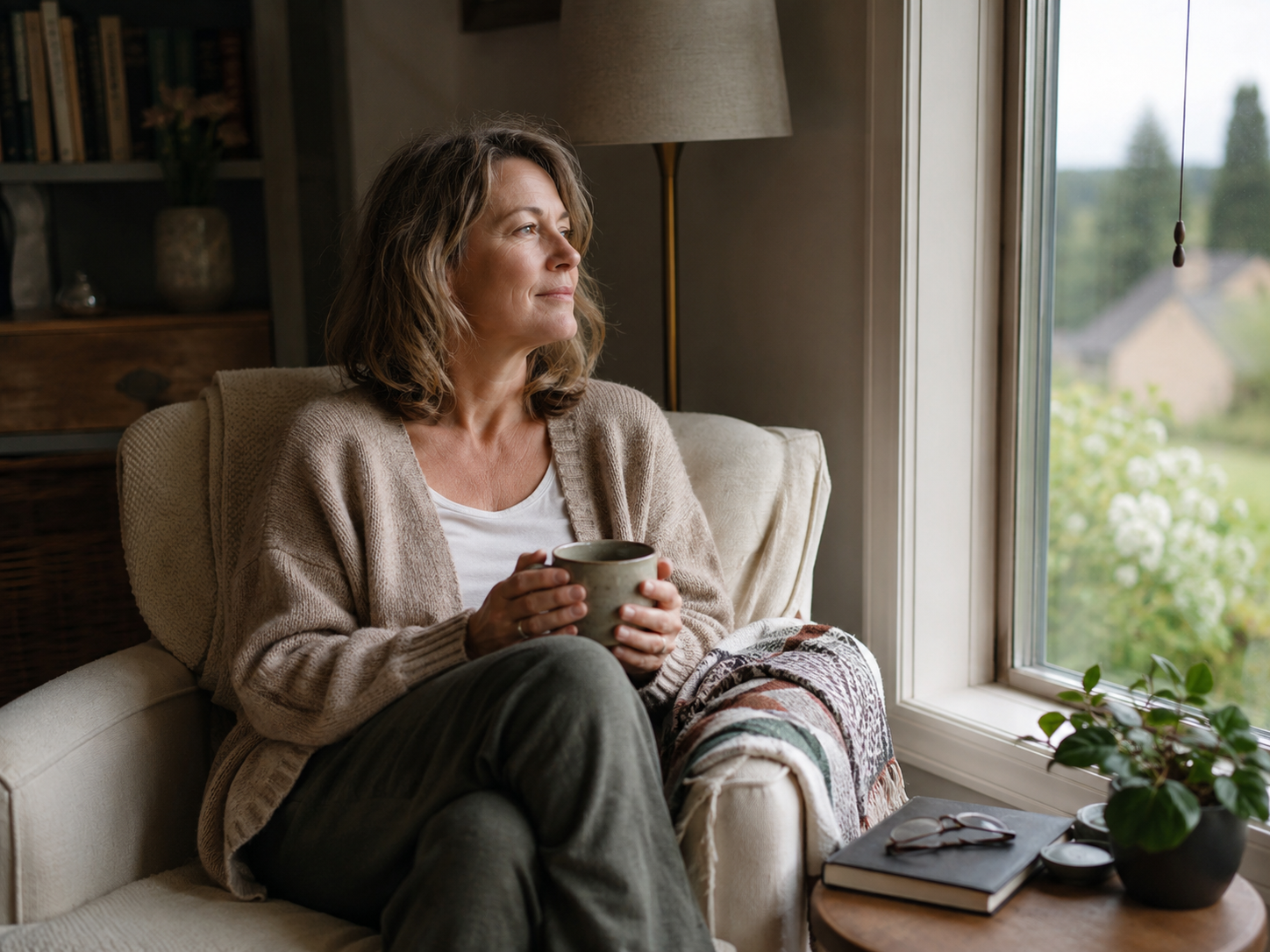 Frau am Küchenfenster mit einer Tasse